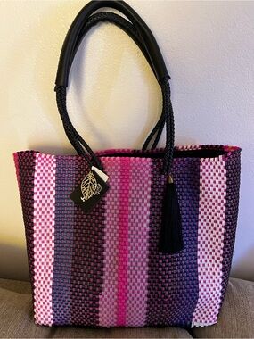 Woven Pink & Black Stripe Tote with Tassel